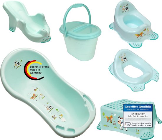 Babybadset 6-delig - Badkuip en accessoires - Baby verzorgen - Compleet met pot en kruk - 100 cm bad - Aquamarijn