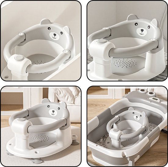 Babybadstoel - Antislip badkruk - Babybadzitje - Babybadaccessoire - 6 maanden en ouder - Met zuignappen - Veilig en draagbaar - Geschikt voor peuters en pasgeborenen - Berenprint - Grijsachtig wit