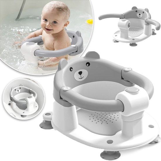 Babybadzitje - Antislip Badzitje Met Beermotief 4 Zuignappen En Kussentjes Voor Peuters En Pasgeborenen - Veilige Draagbare Badstoel Voor Onder De Douche Of In Bad Grijs