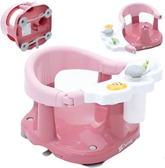 Babybadzitje - Badstoel met rugleuning - Veiligheidsbeugel met opening en 4 grote veiligheidszuignappen - Inclusief 3 speelgoed (Roze van A3 Baby & Kids