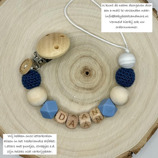 Babybeads - Speenkoord met naam - Donkerblauw met grijs - Gepersonaliseerd kraamcadeau van Love it all.