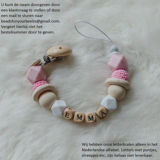 Babybeads - Speenkoord met naam - Lichtroze met wit - Gepersonaliseerd kraamcadeau van Babybeads