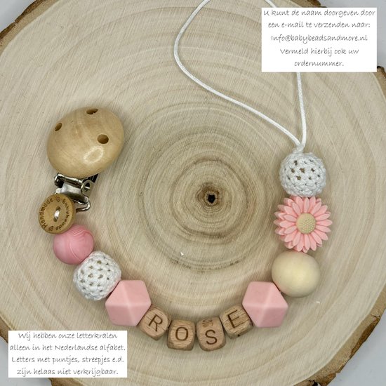 Babybeads- Speenkoord met naam - Madelief, roze- Gepersonaliseerd kraamcadeau van Babybeads