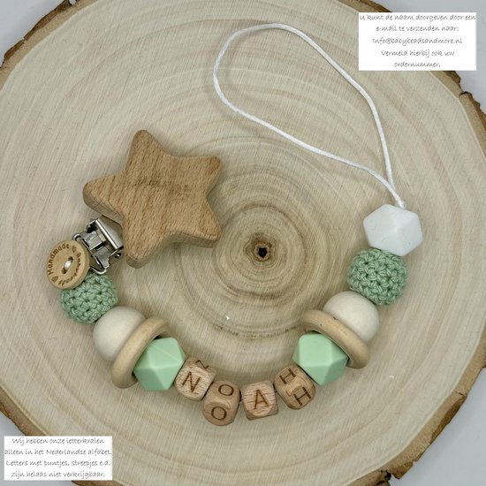 Babybeads- Speenkoord met naam - Mintgroen, wit, hout - Gepersonaliseerd kraamcadeau - Mooi ingepakt! van Moozikids