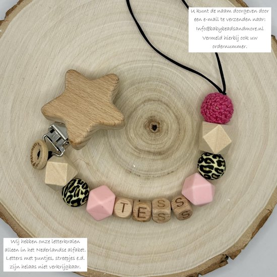 Babybeads - Speenkoord met naam - Roze met tijgerprint - Gepersonaliseerd kraamcadeau van Babybeads