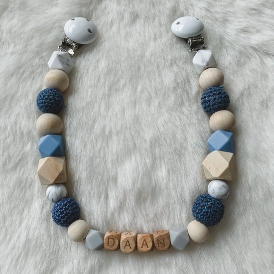 Babybeads - Wagenspanner met naam - Donkerblauw met grijs van Babybeads