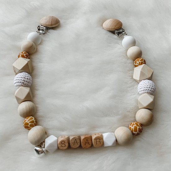 Babybeads - Wagenspanner met naam - Neutrale kleurtjes met giraffeprint van LittleUnicorn