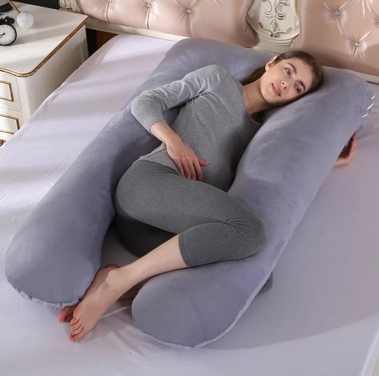 BabyBellNess GRIJS Zwangerschapskussen 100% Katoen XL | stevig verpakt | 100% Katoenen Hoes | 2500 Gram Vulling| Voedingskussen | U Vorm | Groot | Zijslaapkussen | van BabyBellNess