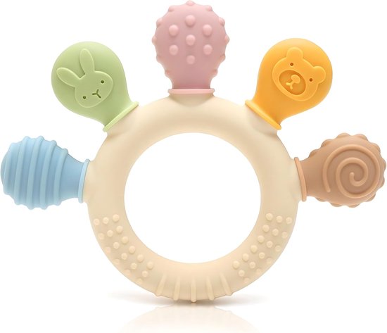 Babybijtringen, gemaakt van BPA-vrije siliconen, met een gestructureerd oppervlak, een sensorisch speeltje, gemakkelijk vast te pakken, een geschikt cadeau voor zowel jongens als meisjes.