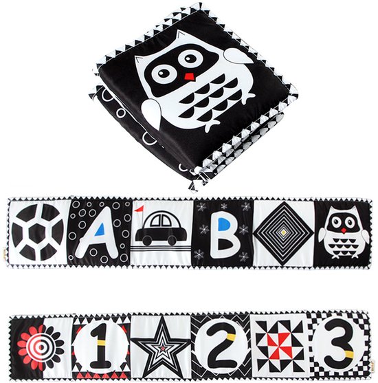 Babyboek van stof, zwart-wit babyboek, babyboek met hoog contrast - uil van Merkloos