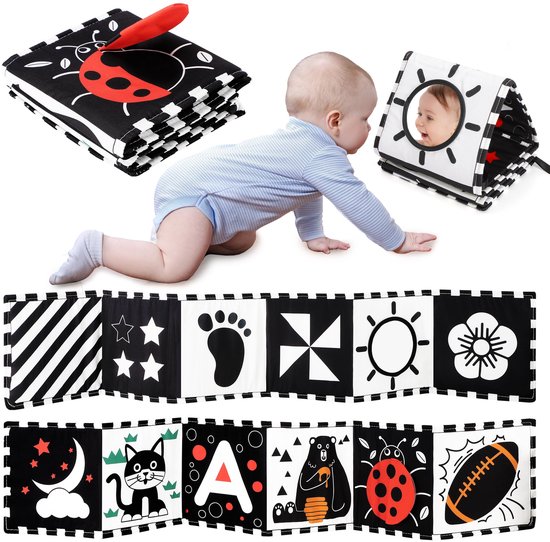 Babyboek,Contrastboek, Baby stoffen boek, Zintuiglijke boeken, zwart-wit prentenboek, baby soft fotoboek,doekboek, knuffelboek, speel boek, babyspeelgoed 0-3-6 maanden, Pasgeboren Baby Cadeau