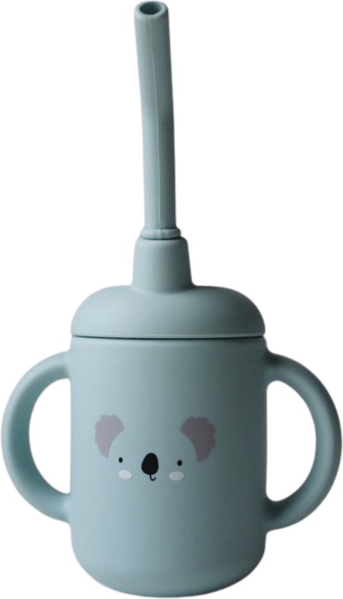 Babyboel Drinkbeker met dierenpatroon - Grijsblauwe Koala - Herbruikbare siliconen oefenbeker - Twee handige handvaten, inclusief rietje - Tuitbeker 120ML - Morsvrij ontwerp voor zorgeloos drinken van Babyboel