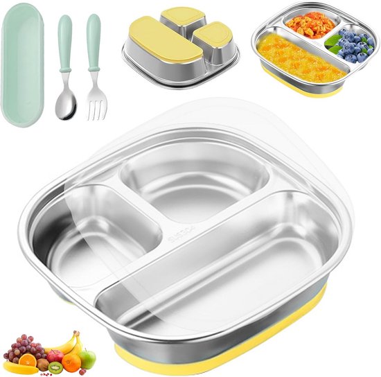 Babybord met Zuignap - Antislip RVS Kinderbord met Deksel voor Babyvoeding