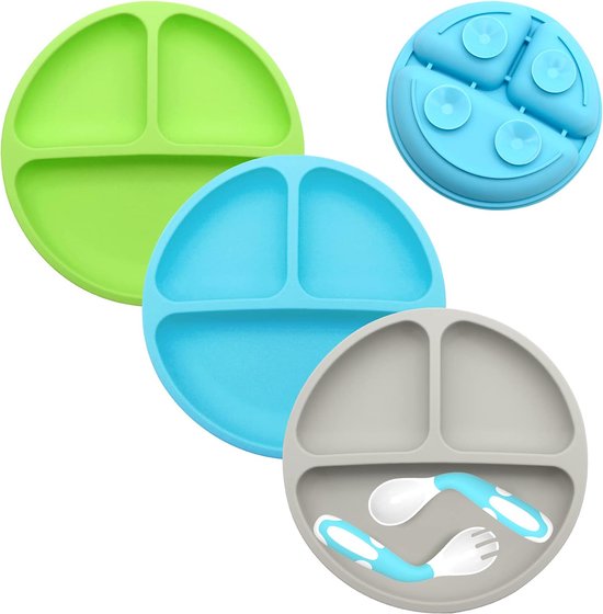 Babybord, siliconen, antislip, placemat voor baby's, peuters en kinderen, kinderbord met zuignap, afwasbaar, voor vaatwasser, magnetron (groen, blauw, grijs) van Vicco