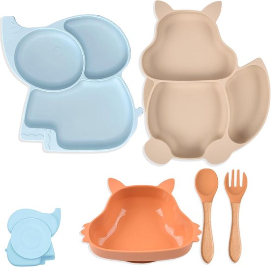 Babybord van siliconen x 2 - kom met zuignappen - bestek van hout - spatwaterdicht - kinderbord - babycompartimenten - 3 stuks van Joissy.