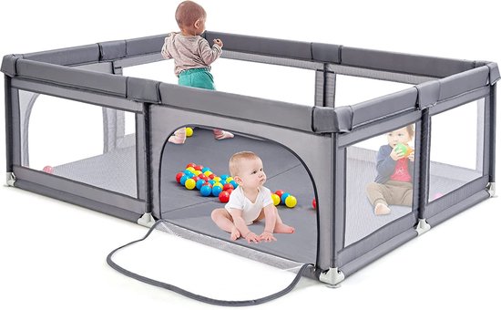 Babybox, draagbare activiteitsplaats voor kinderen, met veiligheidsdeur, ademende netwanden, antislip zuignappen en 50 ballen (205 x 147 x 68 cm, donkergrijs) van YOBEST