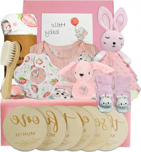 Babycadeau Geboorte - Kraamcadeau Baby - Baby Verwelkomen - Zacht Pluche - 23.5 x 23.5 x 8 cm - Konijn