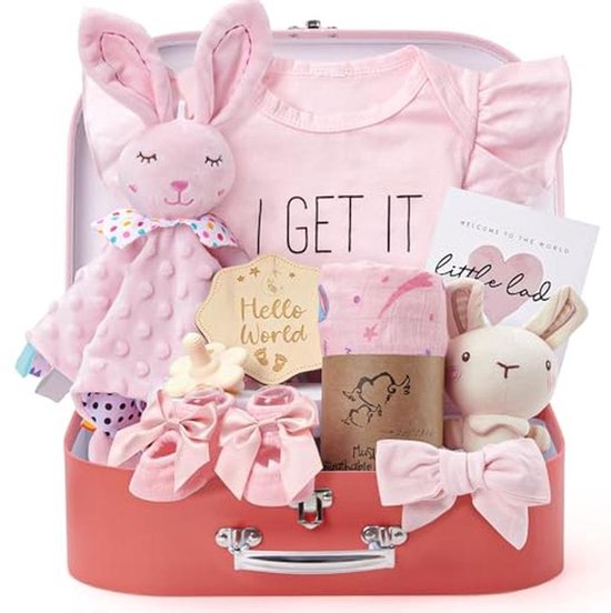 Babycadeau voor jongens en meisjes, pasgeborenen, cadeau voor geboorte, met knuffeldoekje, babyromper, sokken, mousseline deken, rammelaar, luiertaart, geschenkdoos, babyshower, party, genderreveal
