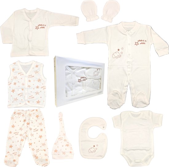 Babycadeauset voor pasgeborenen, 100% natuurlijk katoen, eerste uitrusting, uniseks, kleding, cadeauset, babyuitrusting voor baby's van 0-4 maanden, 8-delig (sterrencrème) van Merkloos