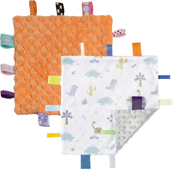 Babyddekens - Sensorische deken Knuffeldeken - Baby comfort - Zachte stof - 24 x 24 cm - Dino+Oranje