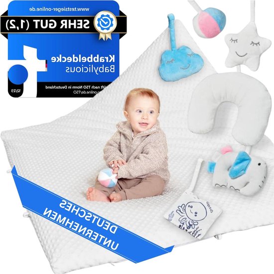 Babydeken - kruipmat voor baby's - Montessori speelboog - speelmat met knuffeldieren - gevoerd - 100 x 120 cm - antislip - wasbaar - wit beige van ByJulz