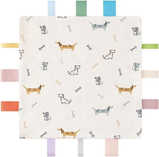 Babydeken met Labels - Veiligheidsdeken Sensorisch - Baby Kalmeren - 12 Zachte Labels - 25 x 25 cm - Hondenprint van Merkloos