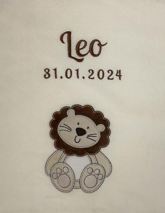 Babydeken met Naam en Geboortedatum - Knuffelzacht en Kwaliteitsvol (Beige, Leeuw) van Cadeau█Vibes