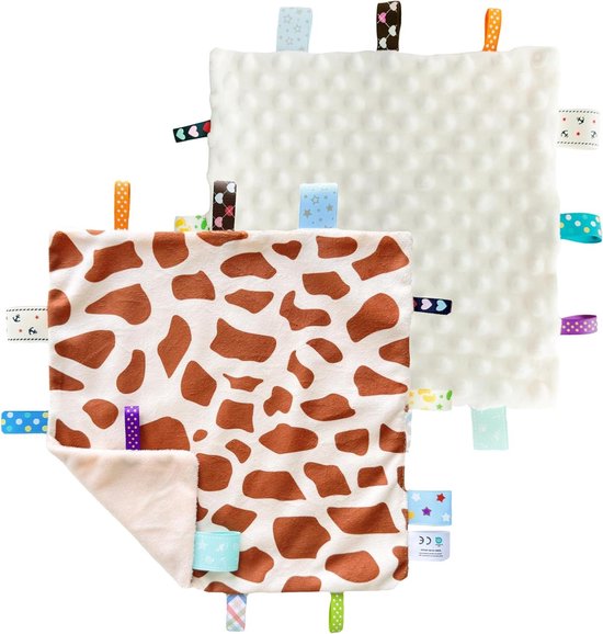 Babydeken - Sensorische deken - Baby troosten - Zacht fleece materiaal - 24 x 24 cm - Giraf met ivoorkleurige stippen