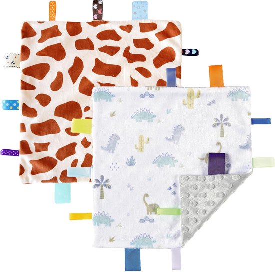 Babydeken Zacht - Sensorische deken - Knuffelen en troosten - Fleece materiaal - 24 x 24 cm - Giraf Dinosaurus