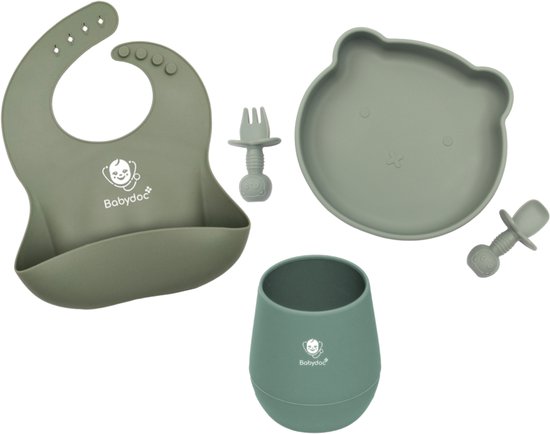 Babydoc - EasyEat set - Complete set met bord, beker en slab - Premium Baby Servies - BPA-vrij - Stevig siliconen, gemakkelijk schoon te maken - Voor een zorgeloze maaltijd van Babydoc