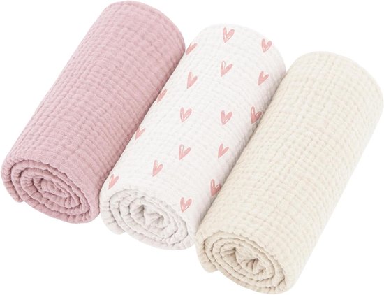 Babydoeken - Spuugdoeken Mousseline - Baby Verzorgen - 100% Katoen - 60 x 60 cm - Roze Hart