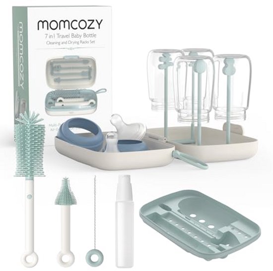 Babyfles Borstelset 7-in-1 | Alles-in-één Schoonmaakset met Siliconen Afwasborstel, Soppenborstel, Drinkrietborstel, Zeepdispenser + Droogrek - Voor Thuis & Onderweg van Merkloos