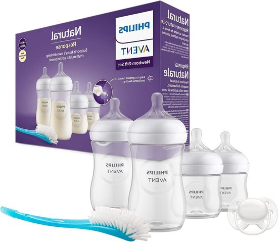 Babyfles cadeauset voor pasgeboren baby's - 4 babymelkflessen ultra soft-fopspeen en flessenborstel - 0-12 maanden - model SCD838/11 van Philips Avent