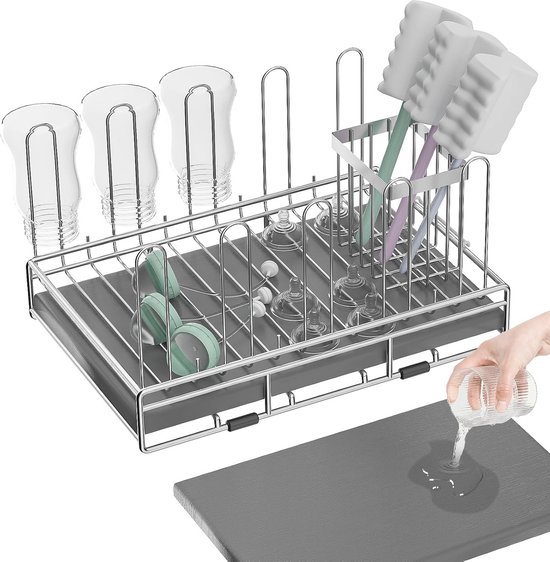 Babyfles Droogrek RVS - Ruimtebesparende Droogoplossing voor Flessen met Sneldrogende Diatomiet Steen