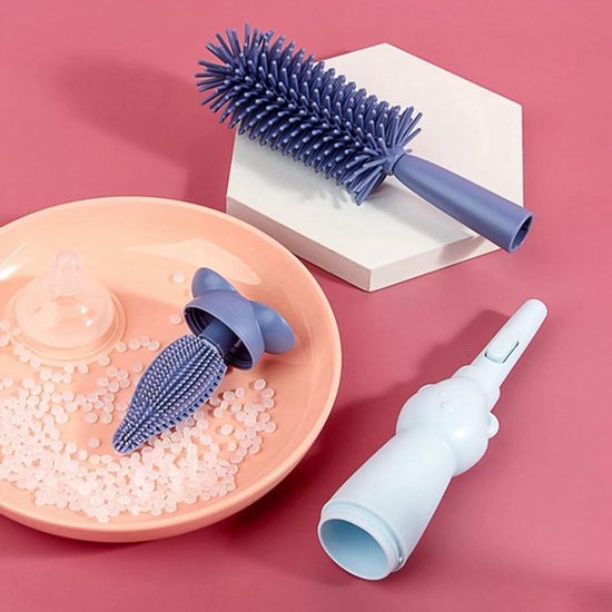 Babyflesreinigingsborstel - Reinigingsset - Siliconen - Speenreiniger - Rietjesreiniger - Geschikt voor Babyflessen - Blauw.
