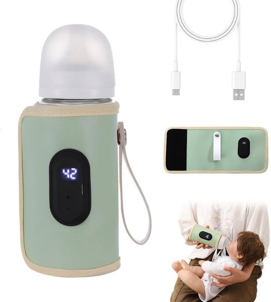 Babyflesverwarmer met LCD-display - Draagbare USB-moedermelkverwarmer - Universele geïsoleerde thermohoes geschikt voor alle flessen - Groen van Alecto