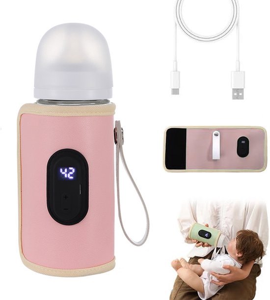 Babyflesverwarmer met LCD-display - Draagbare USB-moedermelkverwarmer - Universele geïsoleerde thermohoes geschikt voor alle flessen - Roze van Merkloos