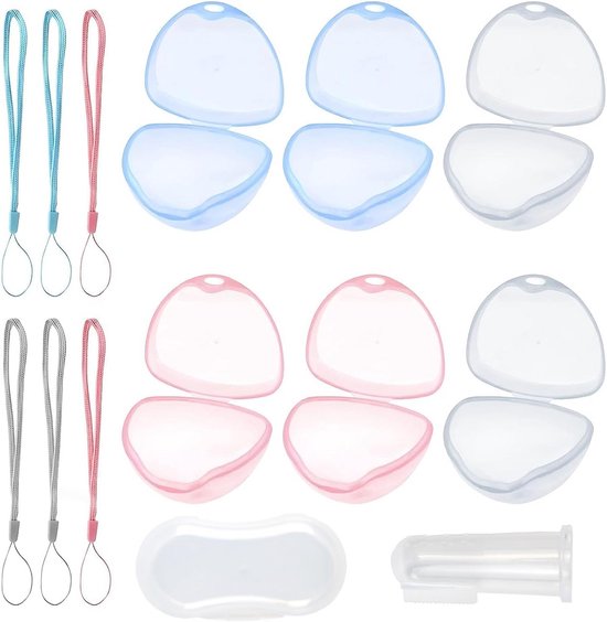 Babyfopspeenbox Set – 6 Transparante Houders met Koordjes en Vingerborstel – BPA-vrij Voedselkwaliteit Plastic – Geschikt voor Vaatwasser en Sterilisatie