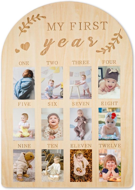 Babyfotolijst: "Mijn eerste jaar" - Gepersonaliseerd houten fotodisplay - Lijst voor 12 babyfoto's (maand-voor-maand) - Decoratie voor de babykamer / Kraamcadeau (voor jongens en meisjes)
