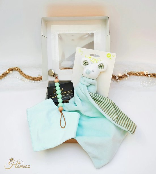 Babygeschenkset - Genderneutraal Kraamcadeau -Hawsaz.nl cadeau - Babyverzorging - Speenkoord - Baby cadeaubox - Knuffel - kraamcadeaus - Gepersonaliseerde cadeaus - Baby knuffel doekje - Geboortecadeau - Baby set van Hawsaz.nl
