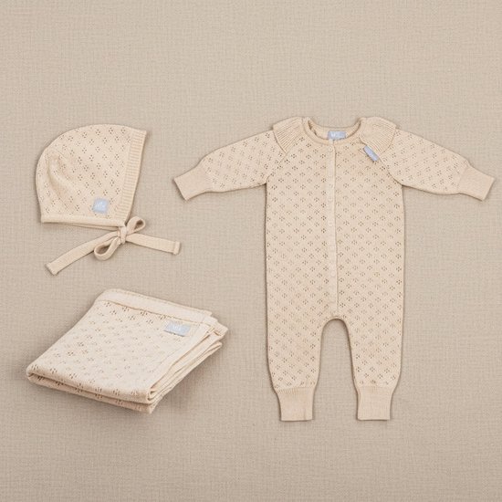 Babygeschenkset van merino wol met bloemenprint - Deken, romper en mutsje - beige - 3-6 maanden