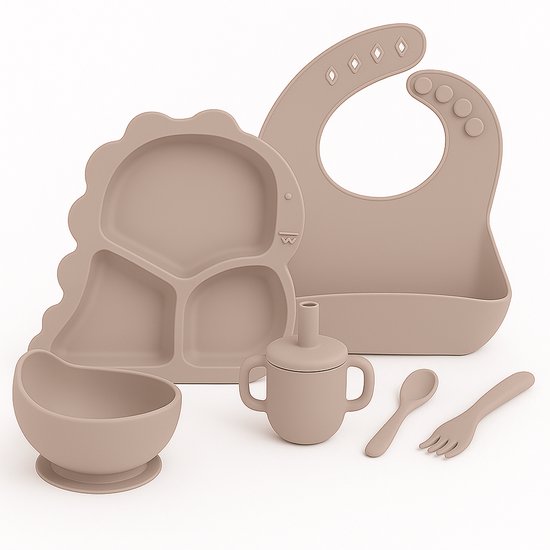 Babygiftset© – Siliconen babyservies set – Dino Beige – Kinderservies set – Kinderbord – Kom – Met Zuignap – Kinderbestek – Babybestek – Slabbetjes – Drinkbeker – Snack cup – Kraamcadeau meisje – Kraamcadeau jongen – Babyshower cadeau van Merkloos