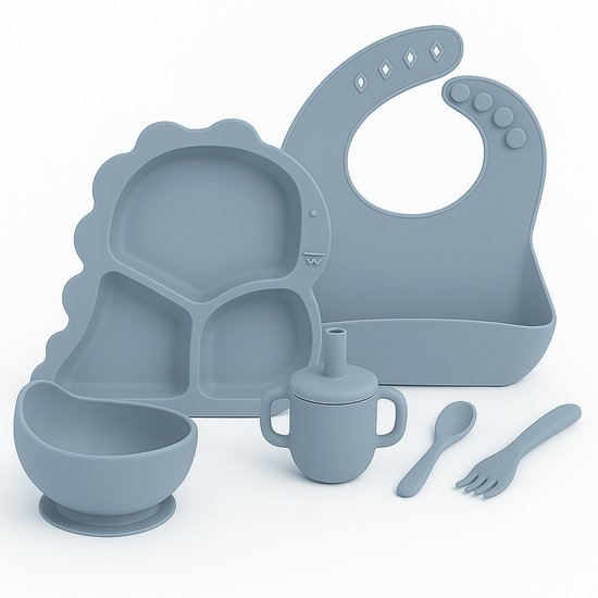Babygiftset© – Siliconen babyservies set – Dino Lichtblauw – Kinderservies set – Kinderbord – Kom – Met Zuignap – Kinderbestek – Babybestek – Slabbetjes – Drinkbeker – Snack cup – Kraamcadeau meisje – Kraamcadeau jongen – Babyshower cadeau