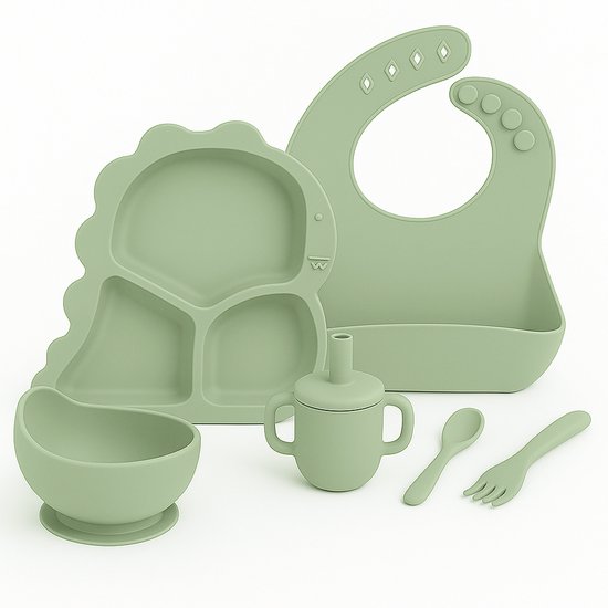 Babygiftset© – Siliconen babyservies set – Dino Olijfgroen – Kinderservies set – Kinderbord – Kom – Met Zuignap – Kinderbestek – Babybestek – Slabbetjes – Drinkbeker – Snack cup – Kraamcadeau meisje – Kraamcadeau jongen – Babyshower cadeau van ECObaby