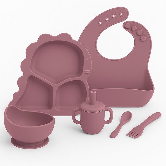 Babygiftset© – Siliconen babyservies set – Dino Oud Roze – Kinderservies set – Kinderbord – Kom – Met Zuignap – Kinderbestek – Babybestek – Slabbetjes – Drinkbeker – Snack cup – Kraamcadeau meisje – Kraamcadeau jongen – Babyshower cadeau
