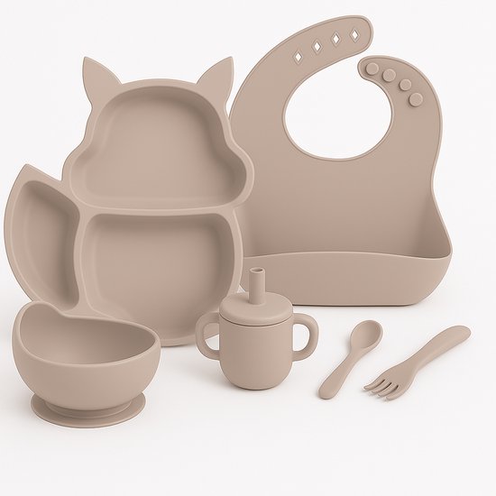 Babygiftset© – Siliconen babyservies set – Eekhoorn Beige – Kinderservies set – Kinderbord – Kom – Met Zuignap – Kinderbestek – Babybestek – Slabbetjes – Drinkbeker – Snack cup – Kraamcadeau meisje – Kraamcadeau jongen – Babyshower cadeau