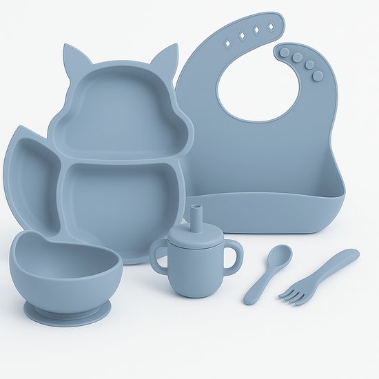 Babygiftset© – Siliconen babyservies set – Eekhoorn Lichtblauw – Kinderservies set – Kinderbord – Kom – Met Zuignap – Kinderbestek – Babybestek – Slabbetjes – Drinkbeker – Snack cup – Kraamcadeau meisje – Kraamcadeau jongen – Babyshower cadeau van Merkloos