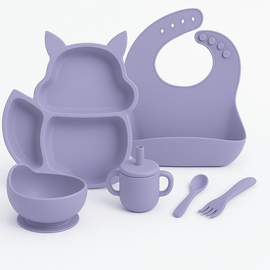 Babygiftset© – Siliconen babyservies set – Eekhoorn Lila – Kinderservies set – Kinderbord – Kom – Met Zuignap – Kinderbestek – Babybestek – Slabbetjes – Drinkbeker – Snack cup – Kraamcadeau meisje – Kraamcadeau jongen – Babyshower cadeau