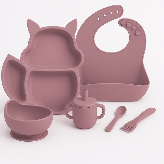 Babygiftset© – Siliconen babyservies set – Eekhoorn Oud Roze – Kinderservies set – Kinderbord – Kom – Met Zuignap – Kinderbestek – Babybestek – Slabbetjes – Drinkbeker – Snack cup – Kraamcadeau meisje – Kraamcadeau jongen – Babyshower cadeau van Merkloos