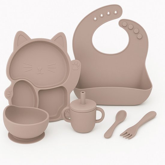 Babygiftset© – Siliconen babyservies set – Kat Beige – Kinderservies set – Kinderbord – Kom – Met Zuignap – Kinderbestek – Babybestek – Slabbetjes – Drinkbeker – Snack cup – Kraamcadeau meisje – Kraamcadeau jongen – Babyshower cadeau van Merkloos